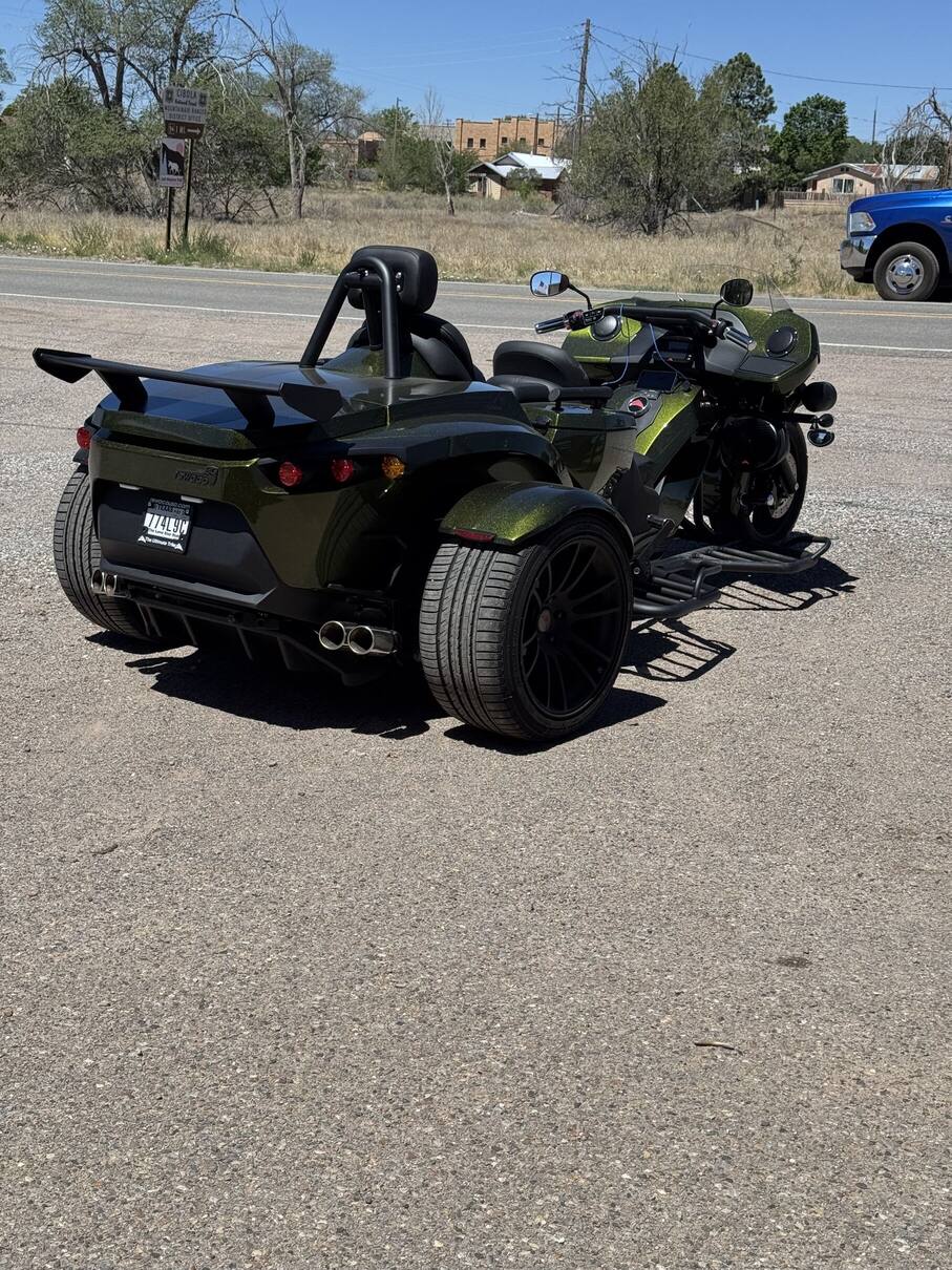 Rear view of the trike on a roadside in New Mexico